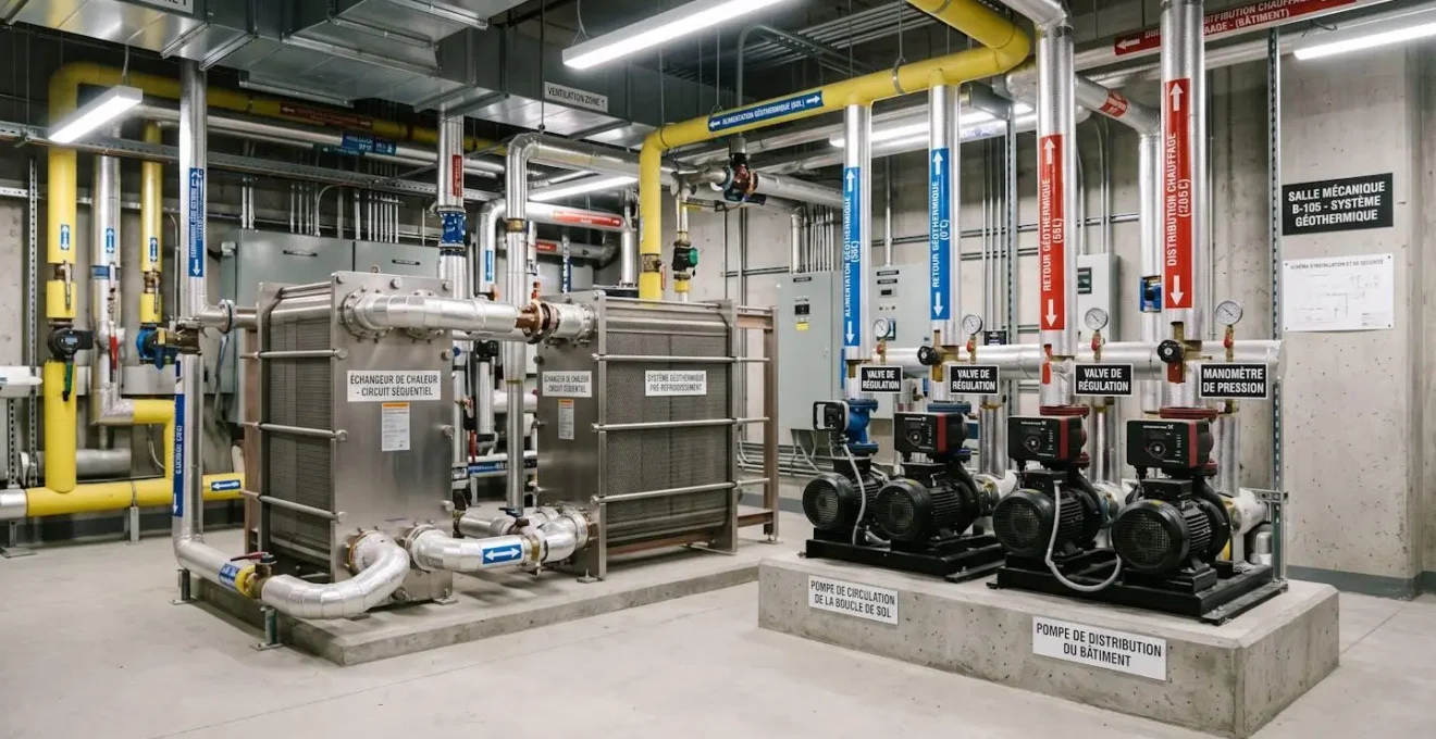 Système géothermique commercial dans salle technique institutionnelle avec échangeurs thermiques et pompes de circulation