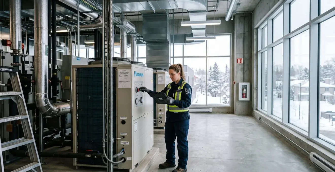 Technicien inspectant une unité de thermopompe commerciale dans un centre administratif québécois moderne, avec équipements HVAC visibles et architecture institutionnelle contemporaine