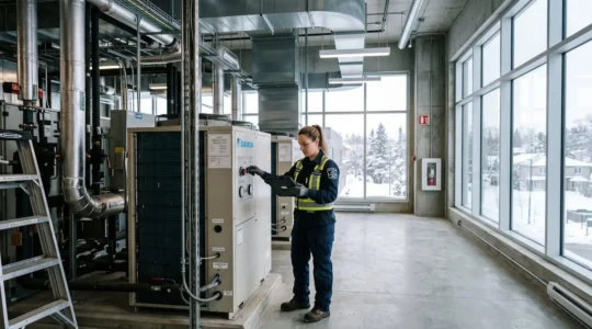 Technicien inspectant une unité de thermopompe commerciale dans un centre administratif québécois moderne, avec équipements HVAC visibles et architecture institutionnelle contemporaine